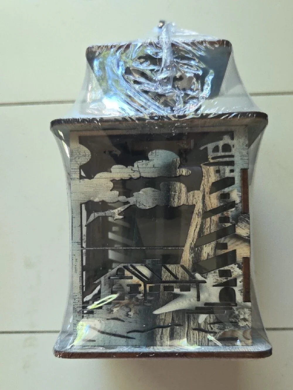 Wooden Decorative Lantern with Coastal Cutout Design - Brown and White